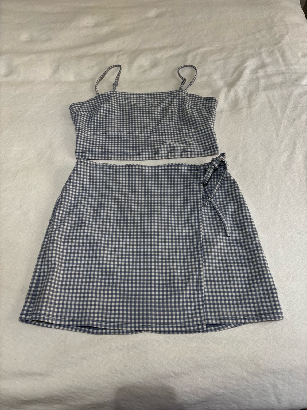 Hollister Blue & White Gingham Crop Top and Tie Skirt Set